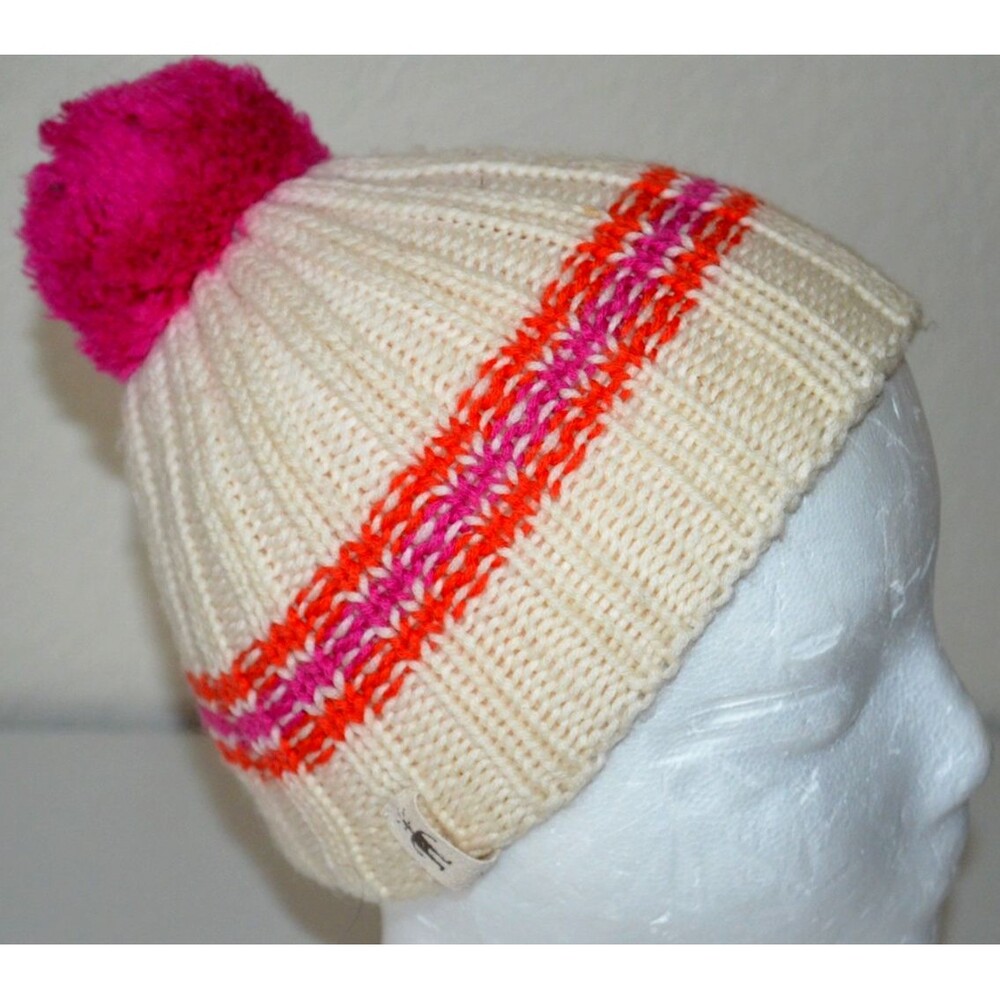SMARTWOOL Winter Hat Beanie Girl's Medium Merino Wool Ivory Orange Pink Pom Pom